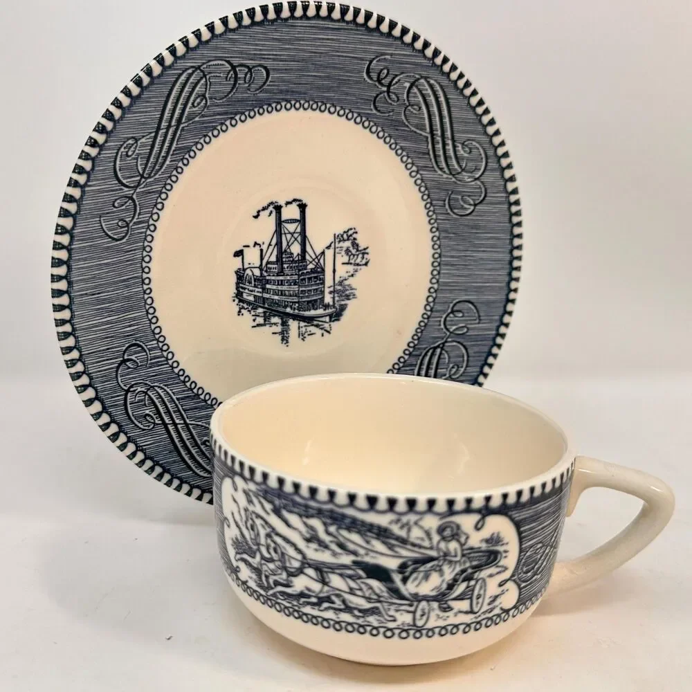 Vintage Royal China Currier and Ives Blue Transferware 5 Piece Dinnerware Set